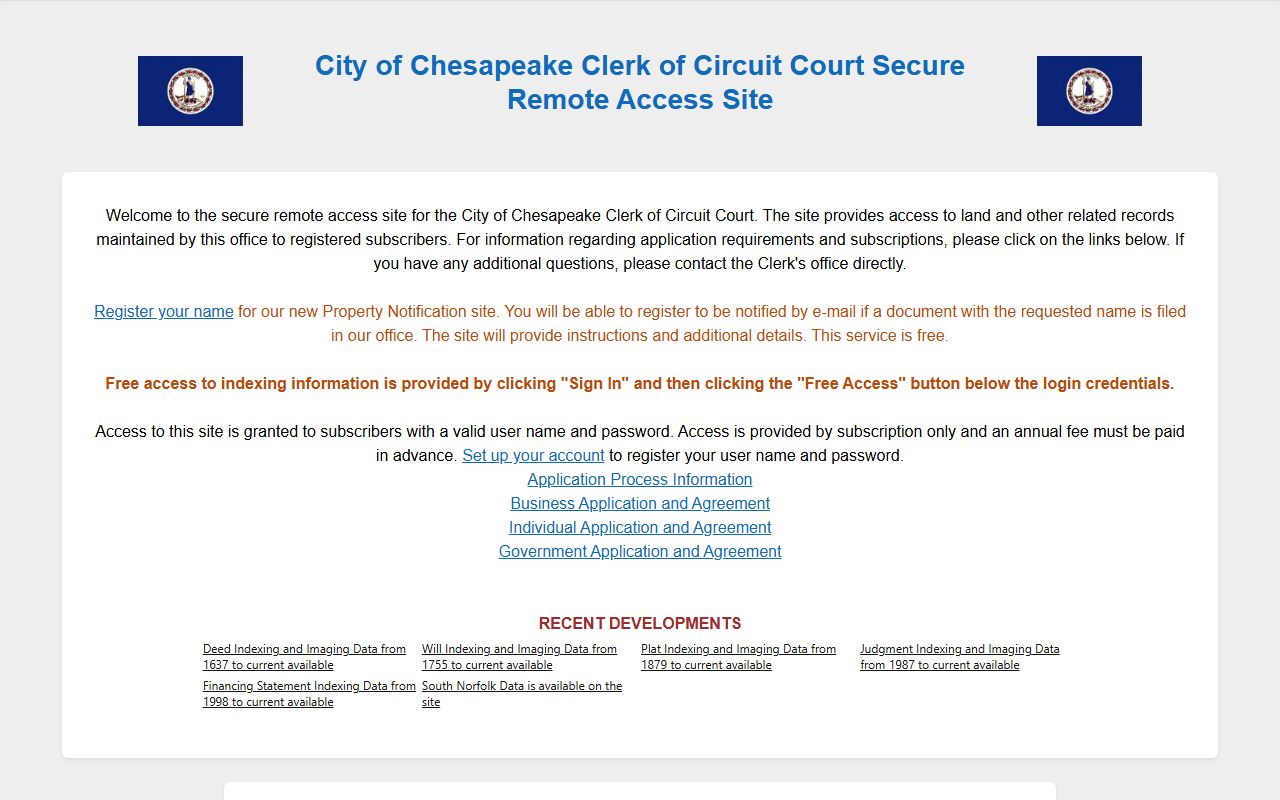 Chesapeake Clerk Secure Remote Access land records for court records