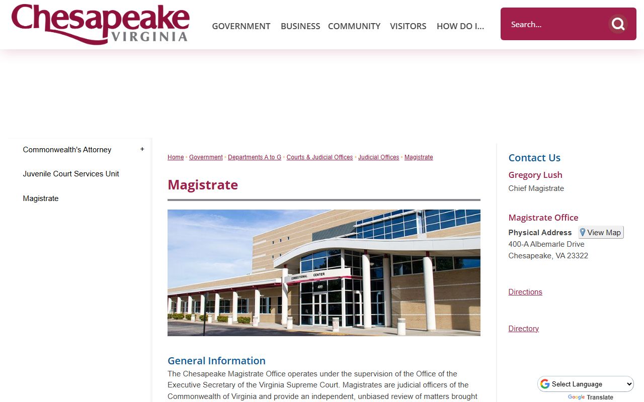 Chesapeake Magistrate page with warrant and summons contact for warrant records