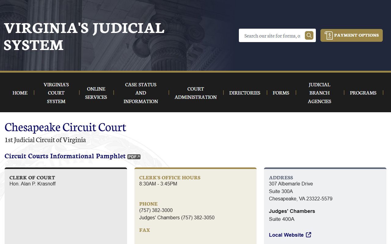 Official Virginia courts page for the Chesapeake Circuit Court records and schedule