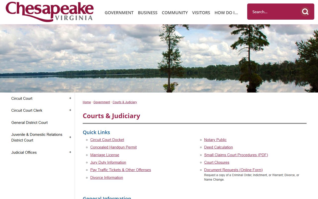 Chesapeake court records hub on the city Courts and Judiciary page