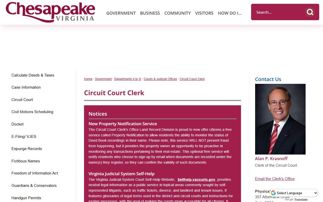 Chesapeake Circuit Court Clerk page with services and contact for court records