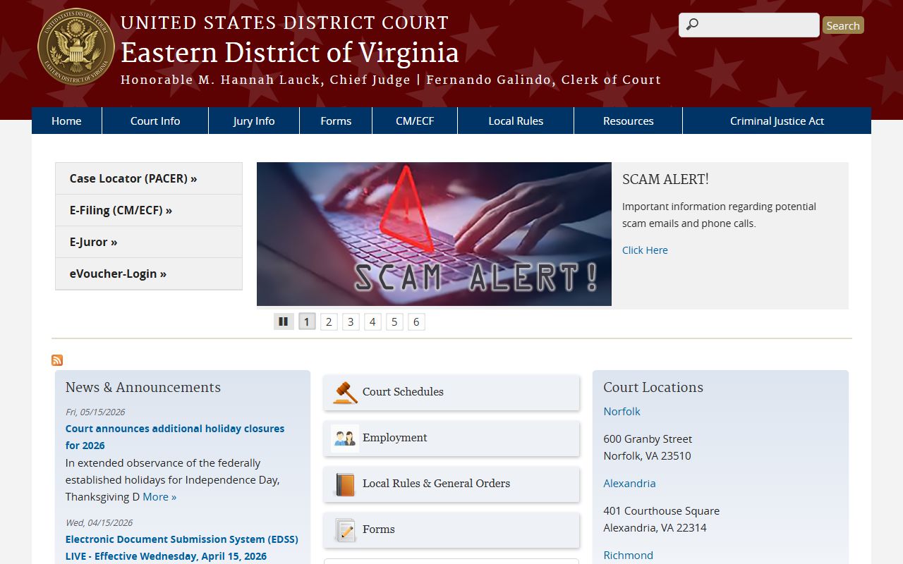 Eastern District of Virginia federal court site used for Chesapeake federal records