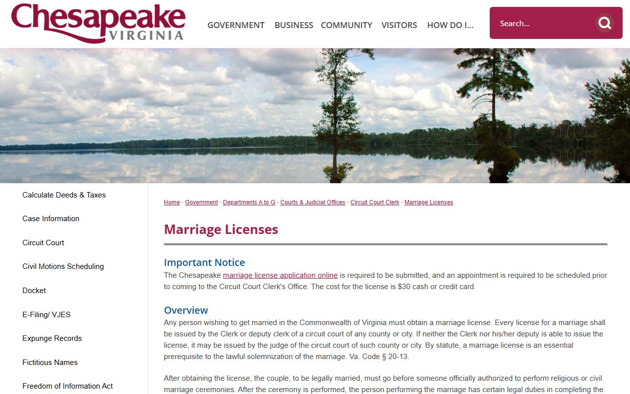Chesapeake marriage records page with license fee, appointment, and ID rules