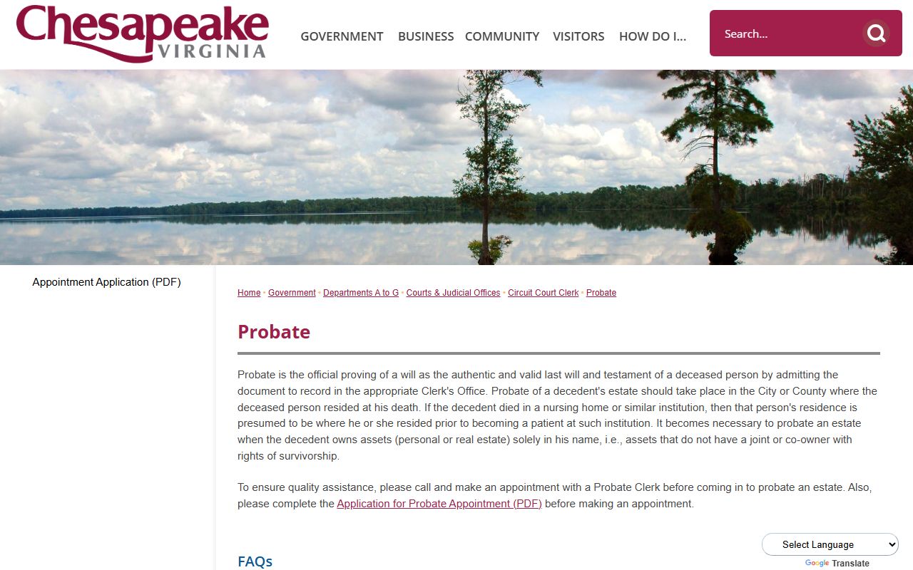 Chesapeake probate records page for wills and estate appointments