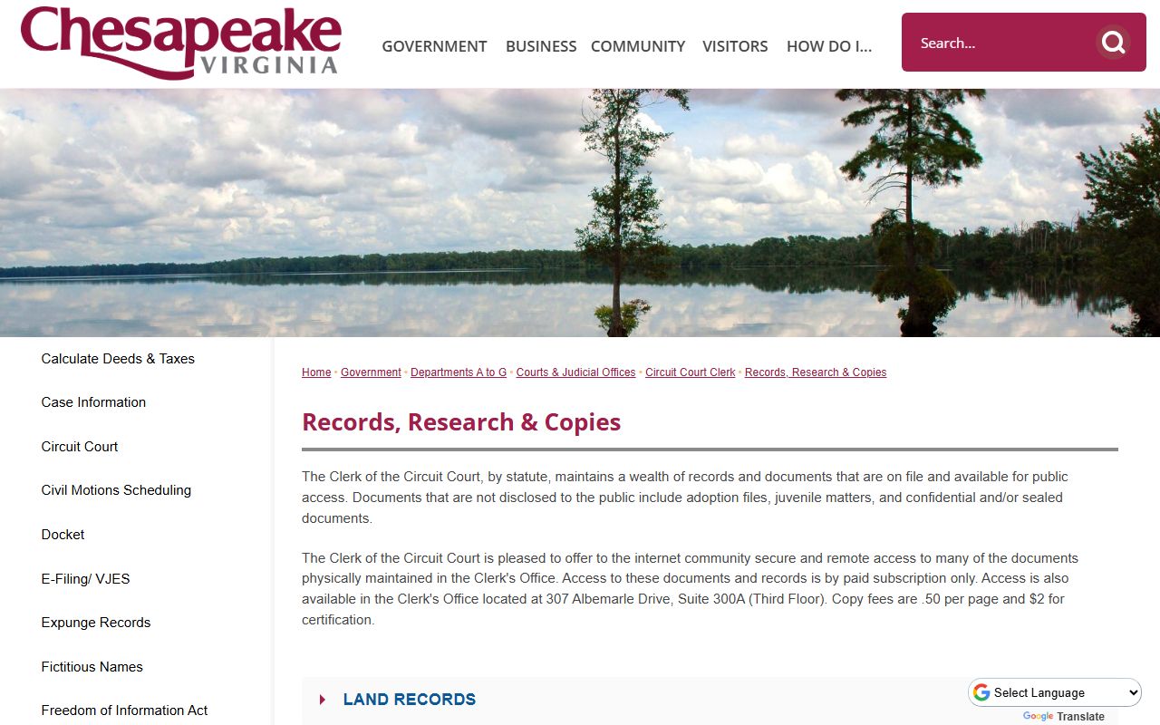 Chesapeake court records, research, and copies page from the Circuit Court Clerk