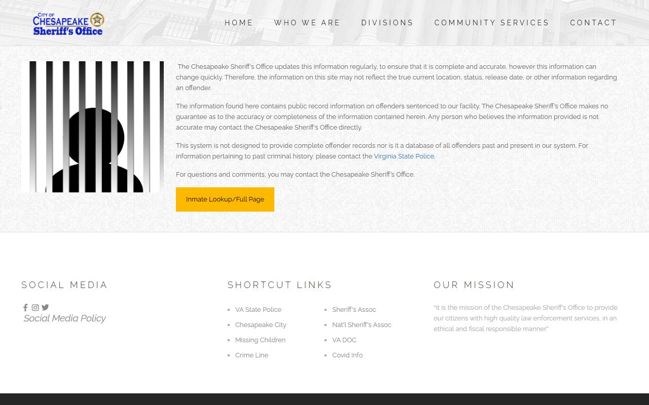 Chesapeake inmate search disclaimer on the Sheriff's inmate lookup page