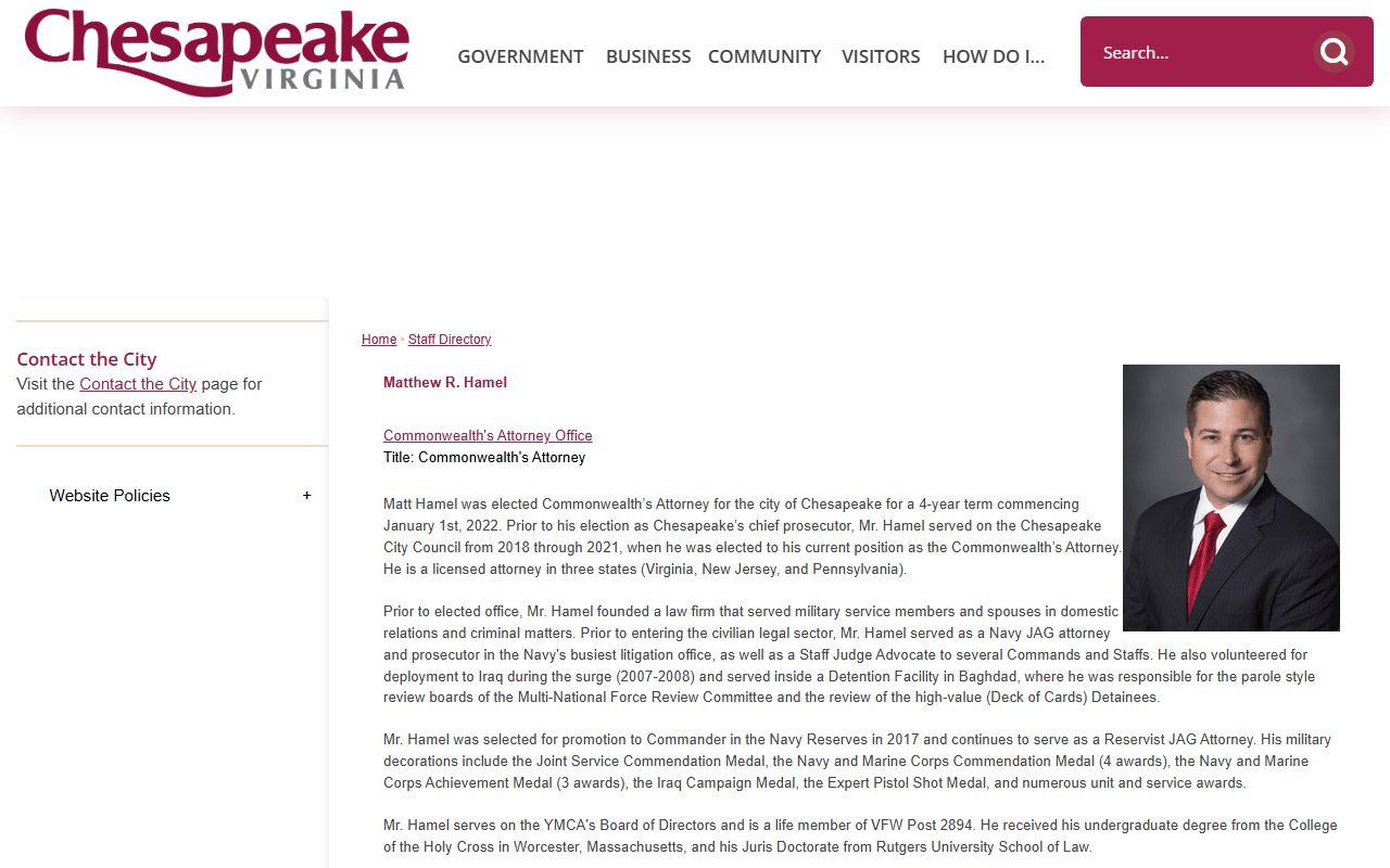 Chesapeake staff directory identifying the Commonwealth's Attorney for criminal records