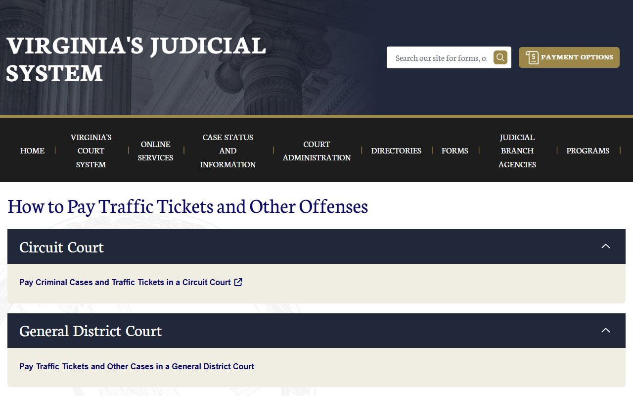 Virginia court traffic ticket payment page for Chesapeake traffic court records