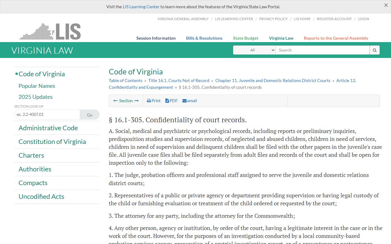 Va. Code 16.1-305 on confidentiality of Chesapeake juvenile court records