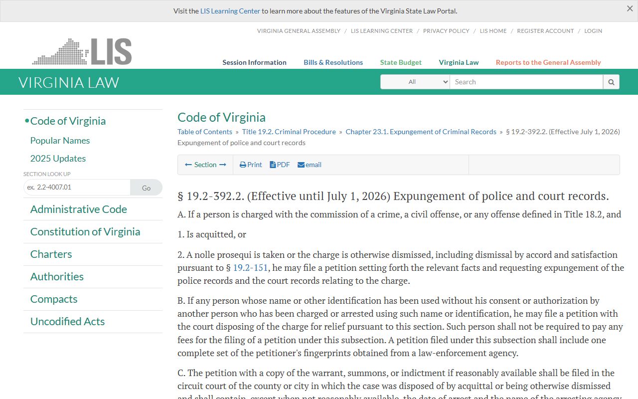 Va. Code 19.2-392.2 on expungement of Chesapeake police and court records
