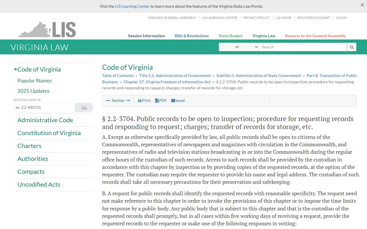 Va. Code 2.2-3704 procedures for Chesapeake public records requests