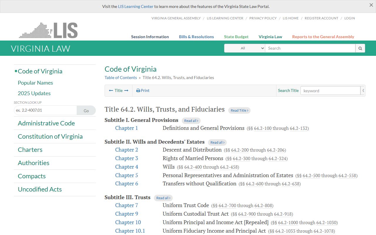 Va. Code Title 64.2 on wills and estates for Chesapeake probate records